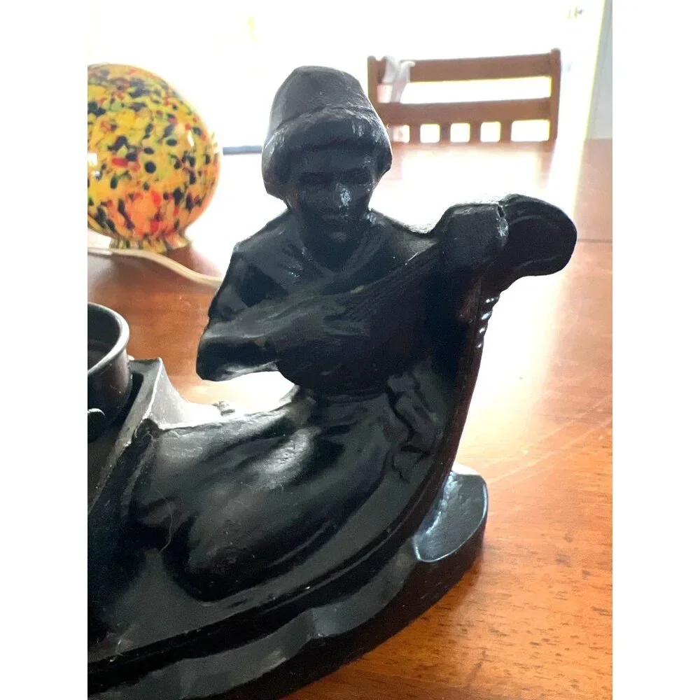 Antique Art NOVEAU Deco Lamp End of Day Glass Shade & Black Iron Base TESTED - Picture 8 of 10